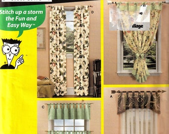 May include: Sewing pattern for window treatments, titled "Sewing Patterns for Dummies". The pattern includes instructions for three different window treatments: a pair of curtains with a floral print, a valance with a green fabric, and a sheer curtain with a valance.