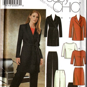May include: A sewing pattern for a women's jacket, trousers, and skirt. The pattern includes a black and white striped jacket, black and white striped trousers, white trousers, and a black skirt. The pattern is for sizes 4, 6, 8, and 10. The pattern is from Simplicity and is called "easy chic".