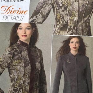 May include: Vogue pattern V8332 for a jacket with a floral print and a solid grey jacket. The pattern includes sizes 6-8-10-12. The text "Divine Details" is also visible.