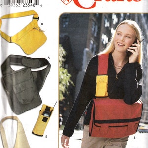 May include: Simplicity Crafts pattern 9000. The image shows a woman wearing a red and black messenger bag. Other bag styles include a yellow fanny pack, a black shoulder bag, and a beige crossbody bag. The pattern includes instructions for making various bags.