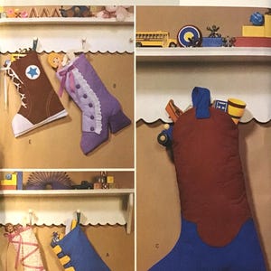 May include: A pattern for making Christmas stockings. The image shows several examples, including a brown boot with a star, a purple high-heeled boot, a cowboy boot, a roller skate, and a ballet slipper. The text "4046 Butterick" is at the top.