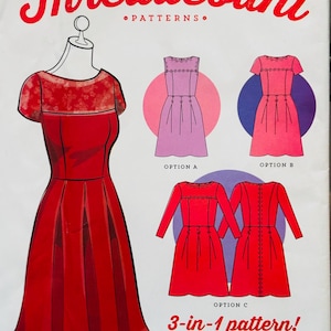 May include: A vintage sewing pattern titled "Threadcount" features illustrations of three dress options. The main image showcases a red dress with a lace neckline. Additional dress designs are shown in pink and red, with the text "3-in-1 pattern!" and size range 6-14.