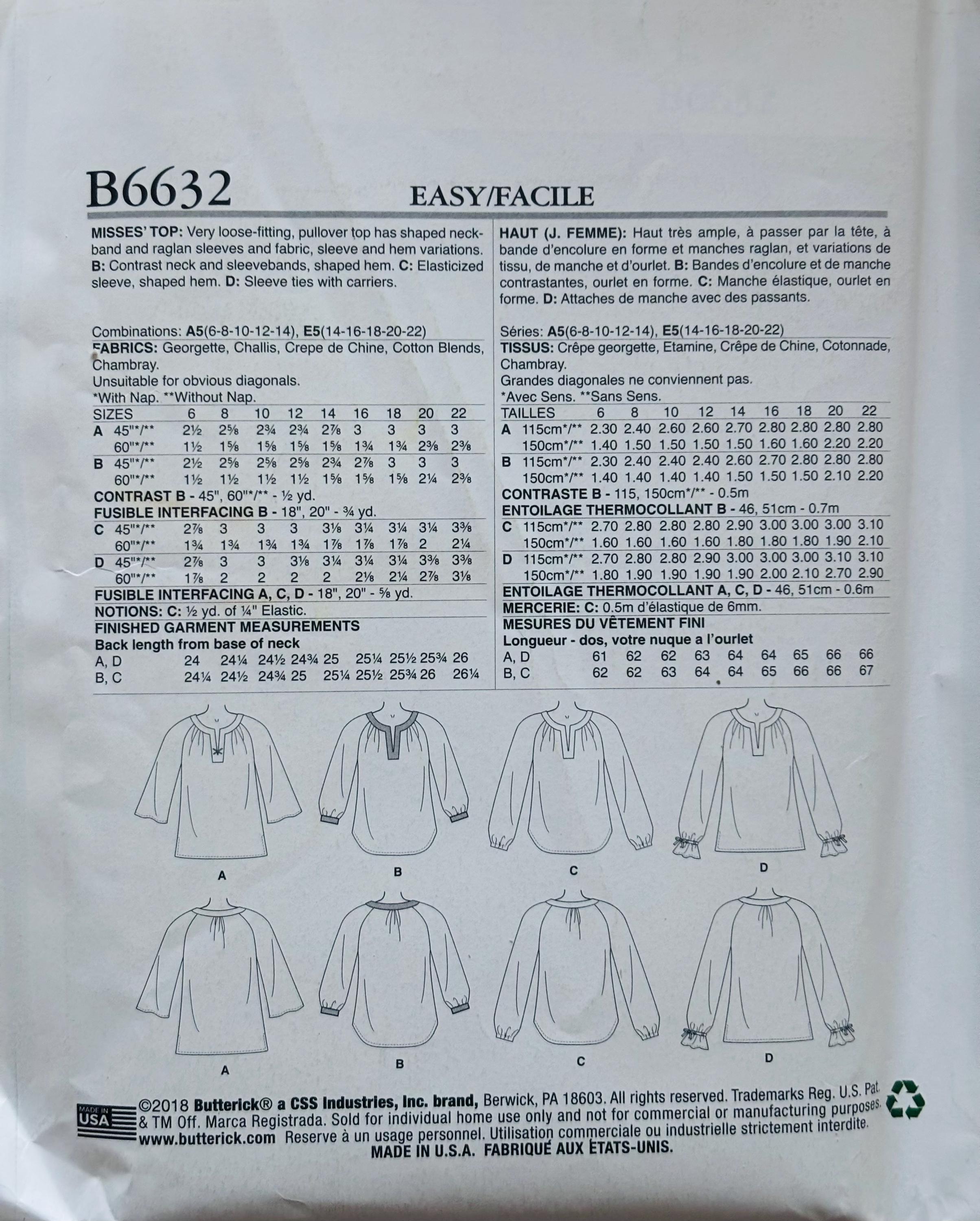 Sewing Pattern Butterick 6632 Women's Very Loose-fitting Pullover Top ...