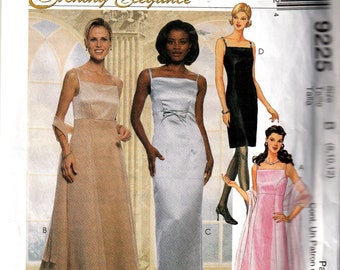 May include: McCall's Evening Elegance sewing pattern for three different styles of floor-length evening gowns. The pattern includes a beige gown with a shawl, a light blue gown with a bow, and a pink gown with a shawl.