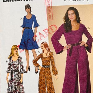 May include: Butterick sewing pattern B6622 for sizes 6-8-10-12-14. The envelope features illustrations of four garment variations: a blue dress, a floral print dress, an orange patterned jumpsuit, and a solid purple jumpsuit, all with belts.