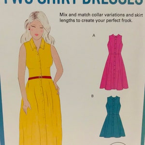 May include: A sewing pattern for two shirt dresses with different collar and skirt length variations. The pattern includes instructions for sizes XS-XL. The image shows a woman wearing a yellow shirt dress with a red belt.