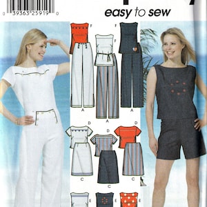 May include: Simplicity sewing pattern number 5969 for sizes 4, 6, 8, and 10. The pattern includes instructions for making a variety of tops and trousers, including a white top with a sailor collar, a red top with a scoop neck, a black top with a scoop neck, and a white, red, and blue striped top. The pattern also includes instructions for making white trousers, black trousers, a white skirt, a red skirt, and a blue skirt.