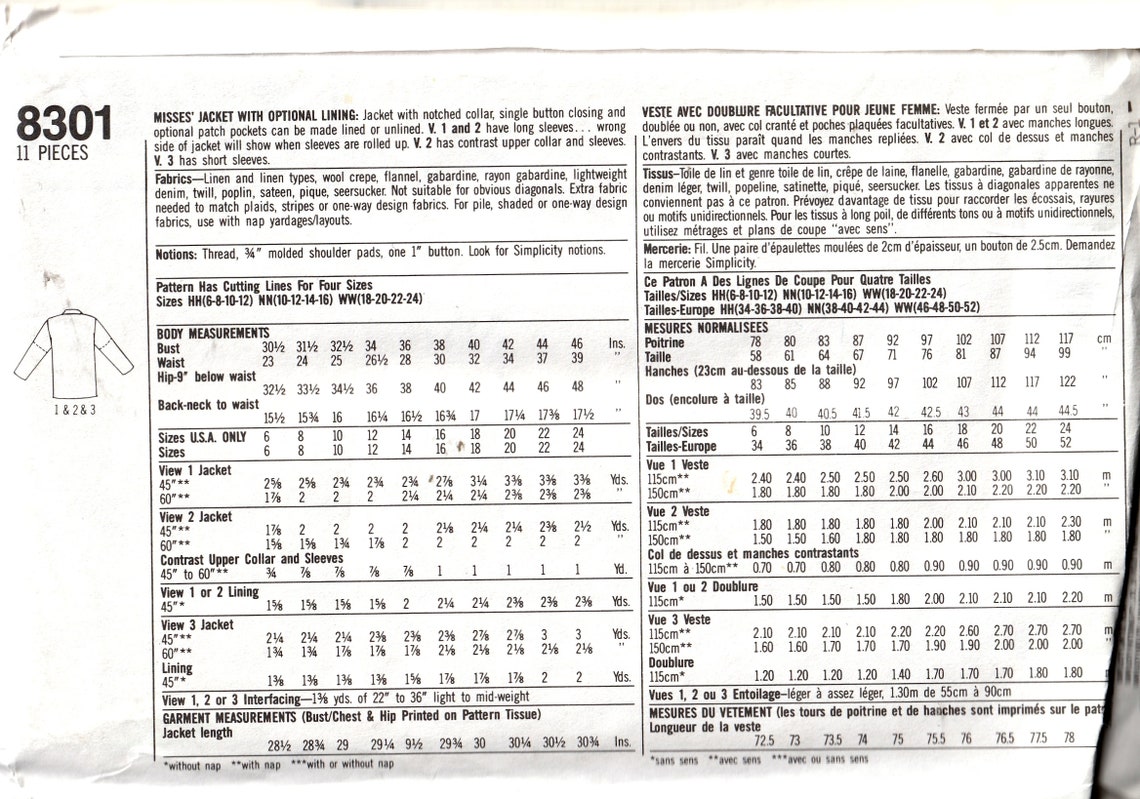 Sewing Pattern Simplicity 8301 Vintage Women's Jacket, Size 6-12, Uncut ...