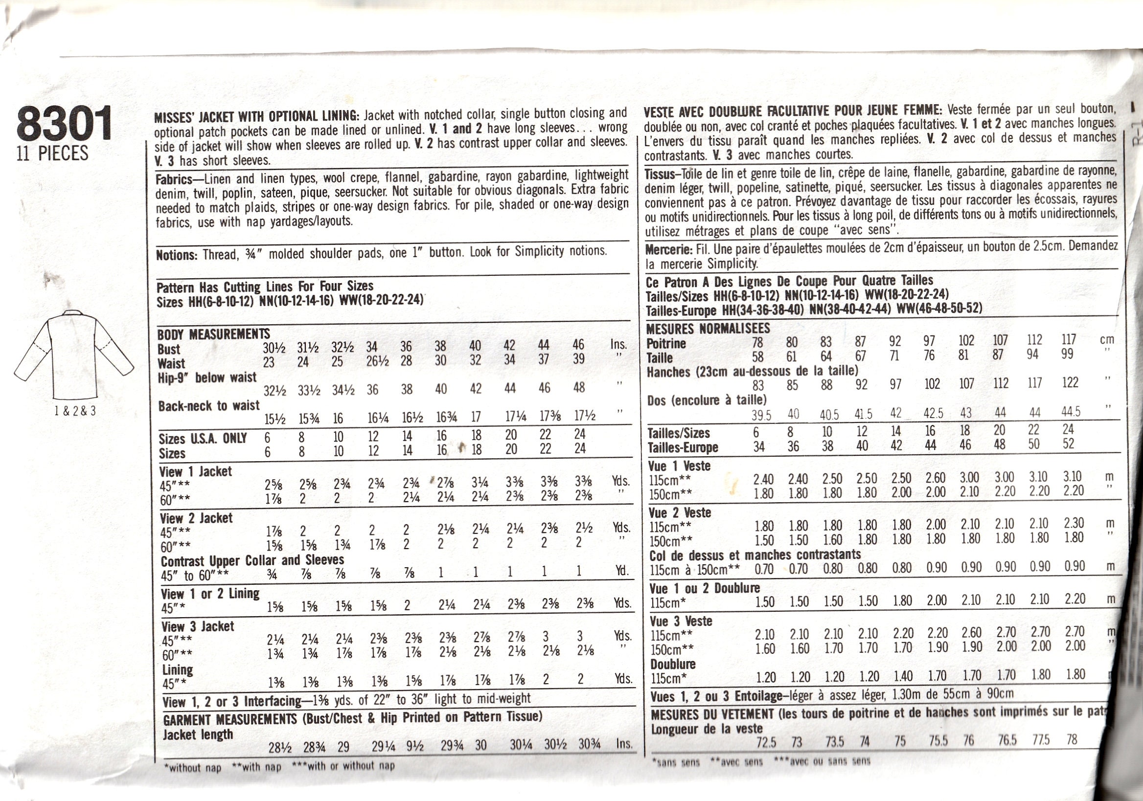 Sewing Pattern Simplicity 8301 Vintage Women's Jacket, Size 6-12, Uncut ...