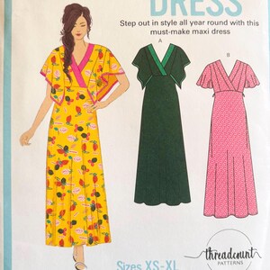 May include: A sewing pattern titled "ULTIMATE MAXI DRESS" features three maxi dress designs. One is yellow with a floral print, another is dark green, and the third is pink with a dotted pattern. The pattern includes sizes XS-XL.
