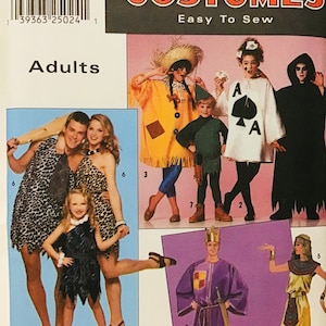 May include: A sewing pattern for adult costumes. The pattern includes a scarecrow, a playing card, a grim reaper, a caveman, a king, and an Egyptian. The pattern is from Simplicity and is easy to sew.