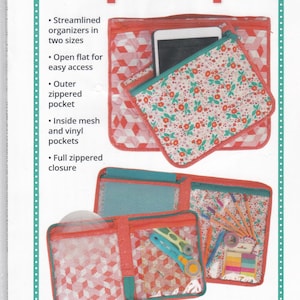 Può includere: Immagine promozionale per gli organizzatori "Zip It Up!". L'immagine presenta diverse pochette con cerniera di varie dimensioni e fantasie, tra cui una stampa floreale e un design geometrico. Il testo evidenzia caratteristiche come l'organizzazione semplificata e le chiusure con cerniera complete.