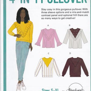 May include: A sewing pattern titled "4-IN-1 PULLOVER" features illustrations of four pullover designs. The image includes a model wearing a yellow pullover with frills. The pattern offers various sleeve options and sizes S-XL.