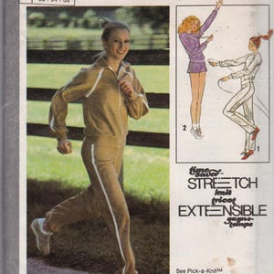 May include: A vintage Simplicity pattern, number 8887, showcasing a brown tracksuit with white stripes. The design includes illustrations of athletic wear and text indicating knit fabric and size options.