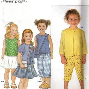 May include: A sewing pattern for children's clothing. The pattern includes instructions for making a yellow cardigan, a blue and white gingham skirt, a blue and white floral skirt, and a green floral top. The pattern is for sizes 3-8.