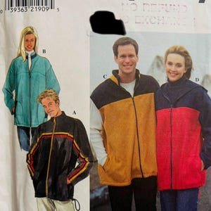 Puede incluir: Patrón de costura Simplicity con diseños de chaquetas. La imagen muestra chaquetas en varios colores, incluyendo negro con rayas rojas y amarillas, turquesa, dorado y negro, y rojo y azul marino. El patrón incluye tallas BB, L y XL.