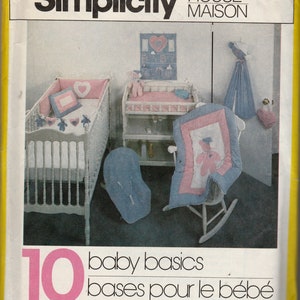 May include: Simplicity pattern number 125, House/Maison, for 10 baby basics, including a cot, changing table, rocking chair, and a variety of accessories. Transfers for appliqués and embroidery are included.