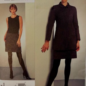 May include: A DKNY Vogue American Designer pattern, V1057, showing a woman in a dark brown skirt suit and a sleeveless top and skirt. The pattern includes sizes AA (6-8-10-12). The DKNY logo is visible at the top.
