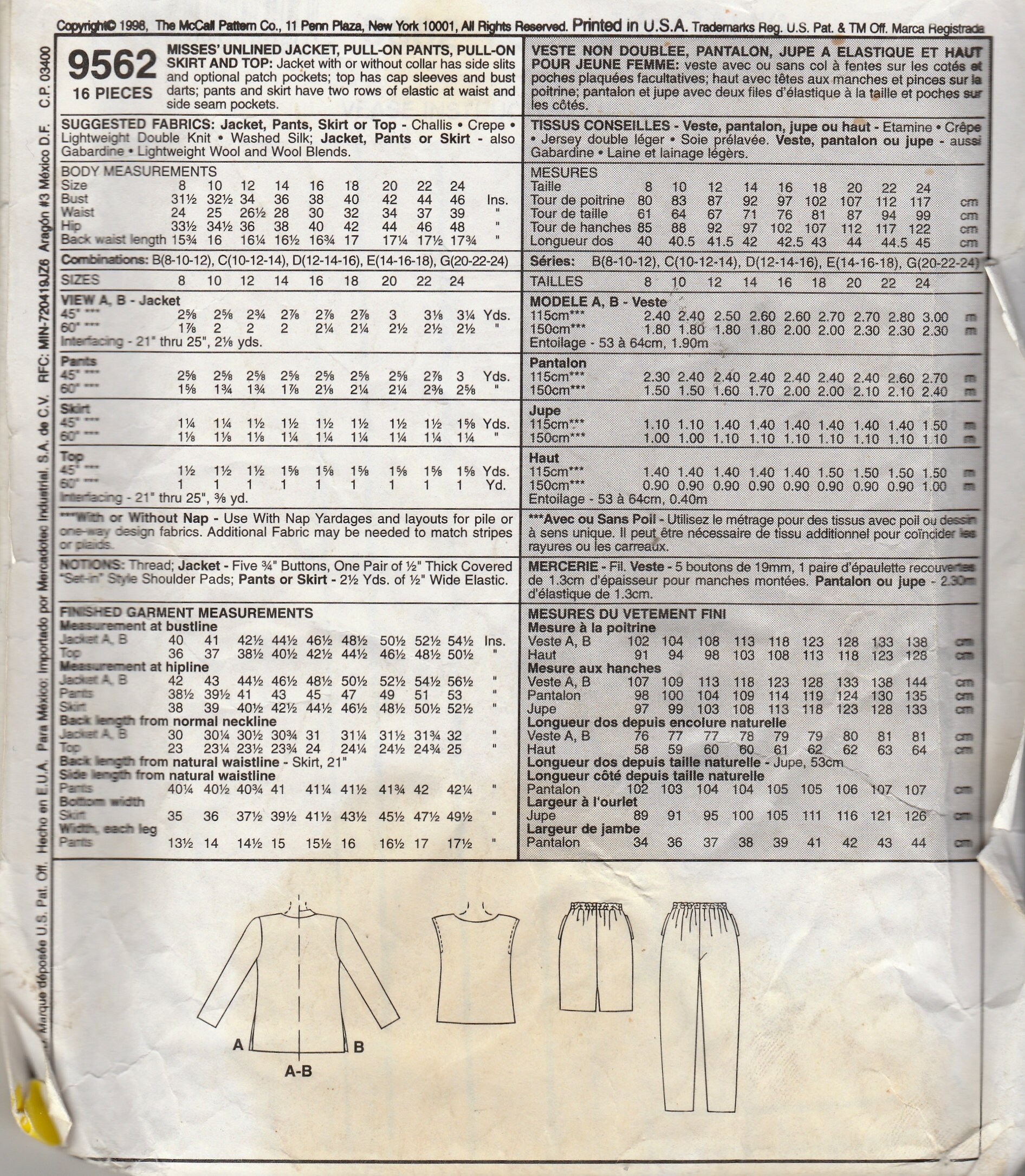 Patterns 9562 Sewing Pattern Mccalls 9562 Women's Jacket, Pants, Skirt & Top, Size 20 ...