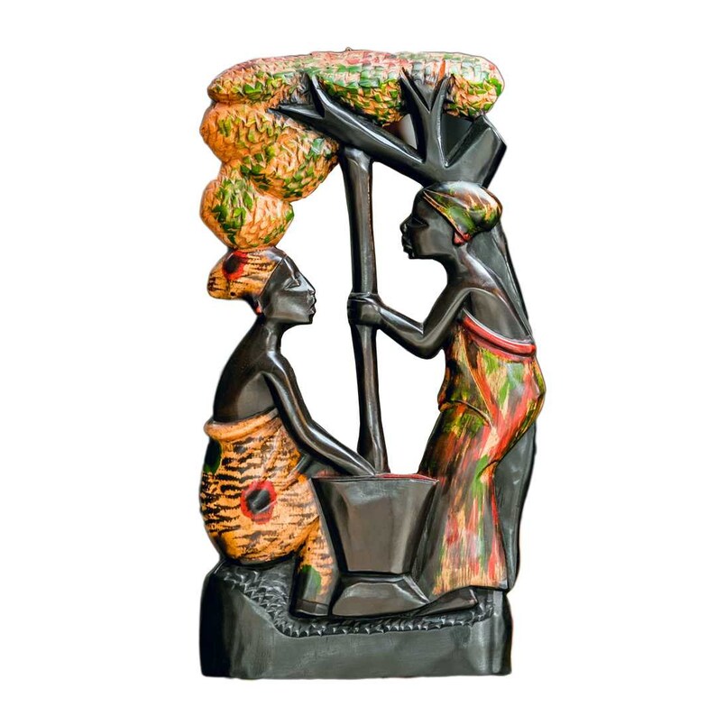 African Wood Sculpture-Two Women pounding Cassava under Tree