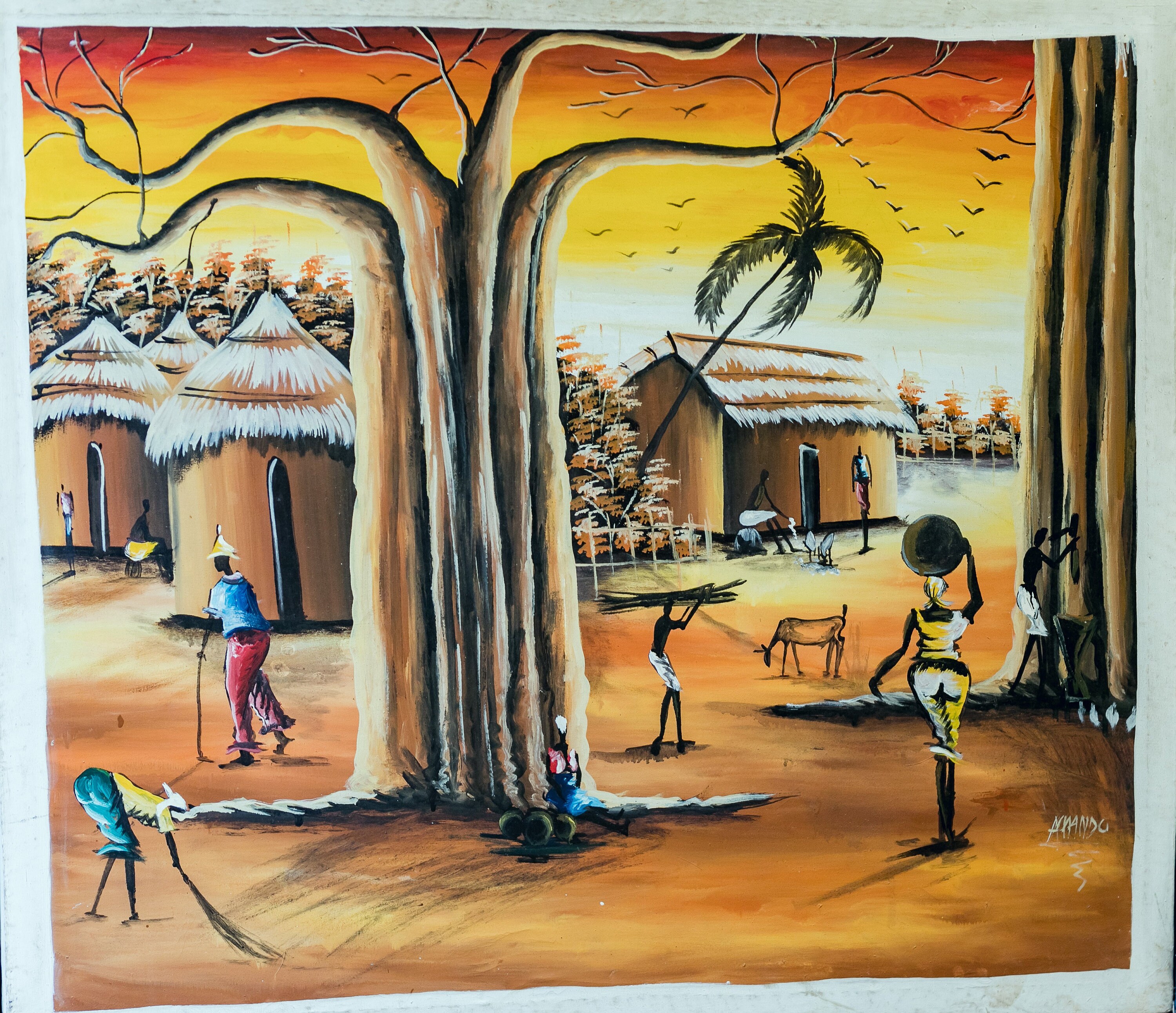 African Paintingghanaian Village Rendezvous Under the Balboa Tree