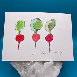 Postal de acuarela - Rábano - Saludo vegetal - Pintura de rábano - Juego de palabras con vegetales