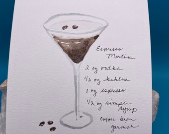 Espresso Martini - Recipe Card - Cocktail Recipe - Illustrated Cocktail - Cocktail Greeting - Original Art - Gift for Cocktail Lover