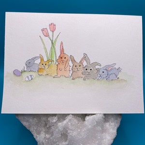 Rabbits Tulip Watercolor  - Rabbits Bunnies Easter Greeting Spring - Gift for Rabbit Lover - Rabbit Postcard - Original Art