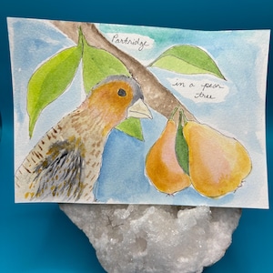 Partridge in a Pear Tree Postcard -12 Days of Christmas Art - Christmas Watercolor - Handpainted Holiday Card - Original
