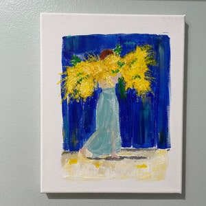 Woman with Yellow Mimosa Original Acrylic Painting - Flower Art - Gift for Art Lover