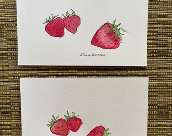 Carte postale à l’aquarelle - Fraises - Salutations à la fraise - Peinture à la fraise - Fruits
