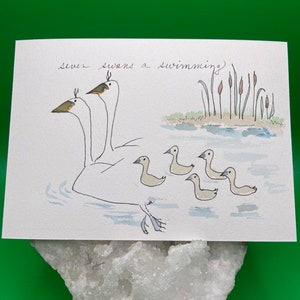 Seven Swans Swimming Postcard -12 Days of Christmas Art - Christmas Watercolor - Handpainted Holiday Card - Original Art