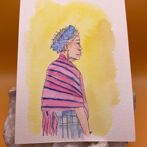 Cartão Postal Aquarela - Mulher Velha - Obra Original - Cartão de Felicitações -Zapotec - Mercado de Oaxaca - Cenas de Mercado