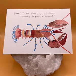 Cartões pintados à mão, cartões planos em aquarela, papelaria de lagosta; Cartões postais de arte originais feitos à mão