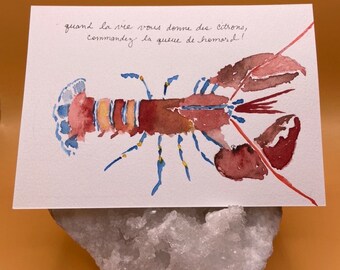 Hand Painted Cards, Watercolor Flat Cards, Lobster Stationery; Handmade Original Art Postcards