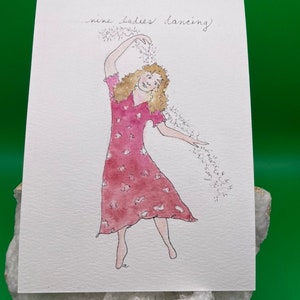 Lady Dancing Postcard -12 Dagen van Kerstmis Kunst - Kerstmis Aquarel - Handgeschilderde Vakantiekaart - Originele Kunst - 9 Dames Dansen