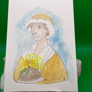 Mrs. Cratchit Aquarell Postkarte - Grußkarte - Original Kunst - Dickens Weihnachtslied - Pflaumenpudding