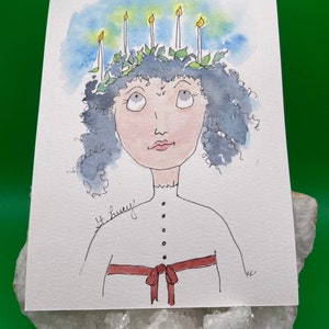 Cartão postal de aquarela de Santa Lúcia - Dia de Santa Lúcia - Santa Lúcia - Natal sueco - Natal dinamarquês - Pintura de Natal - Saudação de Natal