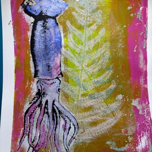 Squid | Gel Print Monoprint | Acrylic | Mixed Media | Original Art | 9x12