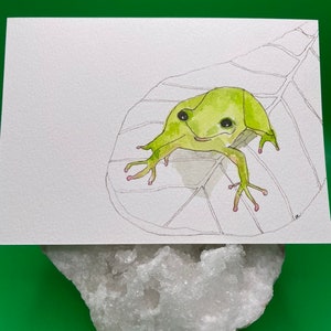 Carte postale aquarelle Figue Figue sur feuille de violon - Oeuvre originale - Carte de vœux - Cadeau pour environnementaliste - Cadeau pour l’amoureux des grenouilles