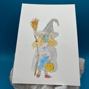 Postal de acuarela - Bruja de truco o trato - Tarjeta de Halloween - Acuarela de Halloween - Arte de Halloween - Arte de acuarela original - Disfraz de bruja