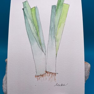 Postal de acuarela de puerros - Puerros - Pintura vegetal - Saludo vegetal