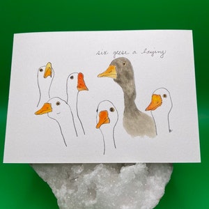 Zes Ganzen een legkaart - 12 dagen kerstkunst - kerst aquarel - handgeschilderde vakantiekaart - origineel - gans kerstkaart
