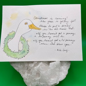 Postal de acuarela - Se acerca la Navidad - Acuarela Ganso - Ganso de Navidad - Tarjeta de Navidad - Saludo