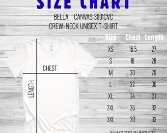 Bella Canvas Size Chart, 3001CVC Unisex Short Sleeve Tshirt size chart, Mens Tshirt size chart, Flat Lay Mockup Tee Size Chart, Unisex Tee