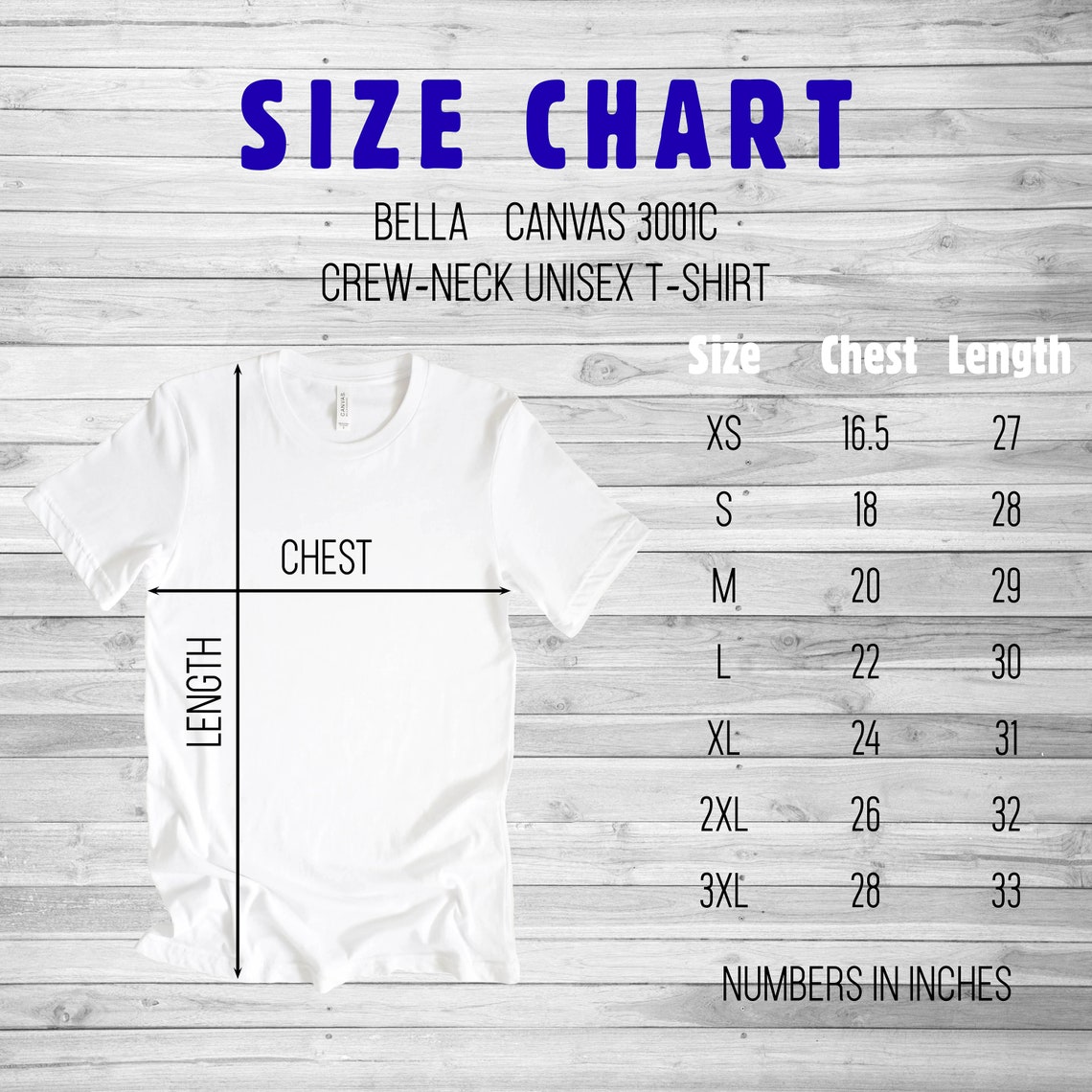 Bella Canvas Size Chart, 3001C Unisex Short Sleeve Tshirt Size Chart ...