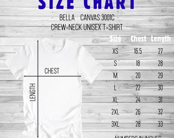 Bella Canvas Size Chart, 3001C Unisex Short Sleeve Tshirt size chart, Mens Tshirt size chart, Flat Lay Mockup Tee Size Chart, Unisex Tee