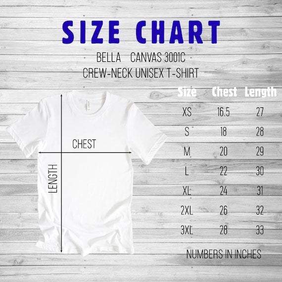 Bella Canvas Size Chart, 3001C Unisex Short Sleeve Tshirt Size Chart, Mens  Tshirt Size Chart, Flat Lay Mockup Tee Size Chart, Unisex Tee -  Canada