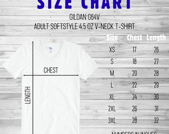 Gildan G64V Size Chart, V-neck Tshirt size chart, T-shirt size chart, Mens Tshirt size chart, Flat Lay Mockup Tee Size Chart, Unisex