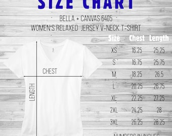 Bella + Canvas 6405 women’s Relaxed  Jersey V-neck T-Shirt size chart, bella canvas size chart